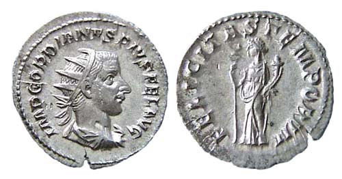 Roma Antoniniano Gordiano III a dx e Virtus stante con lancia e mano sullo scudo